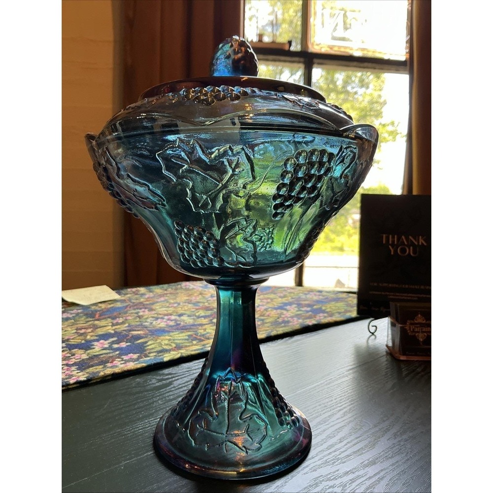 VTG 10" Indiana Glass Blue Carnival Harvest Grape Covered Pedestal Dish